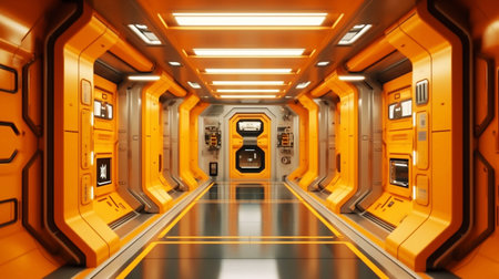 Orange futuristic spaceship interior. 3D rendering. Futuristic corridor.の素材