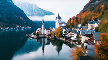 Panoramic view of Hallstatt village in autumn, Austriaの素材