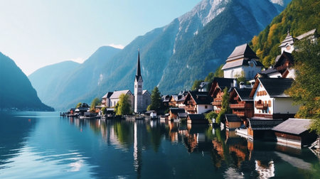Hallstatt village in Austria. Panoramic view on Hallstattersee lake.の素材