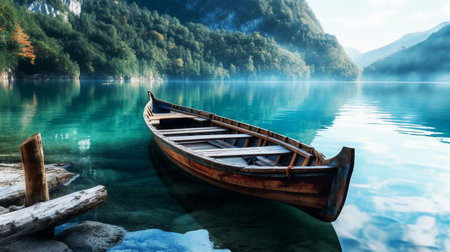 Fantastic view of alpine lake with wooden boat. Beauty world.の素材