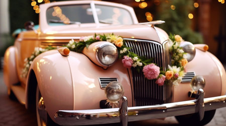 Wedding car decorated with flowers on the background of the cityの素材
