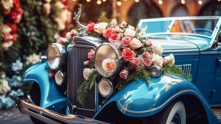 Vintage Wedding Car Decorated with Flowers.の素材