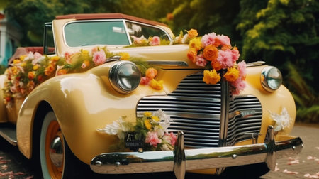 Wedding car decorated with flowers on the background of the cityの素材