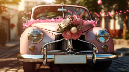 Vintage Wedding Car Decorated with Flowers.の素材