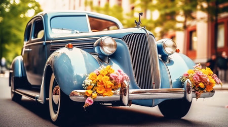 Wedding car decorated with flowers on the background of the cityの素材