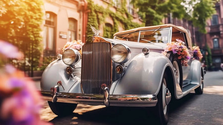 Vintage Wedding Car Decorated with Flowers.の素材