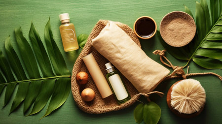 Spa still life with body care products on green background, top viewの素材