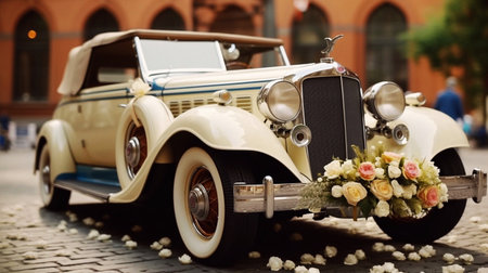 Wedding car decorated with flowers on the background of the cityの素材