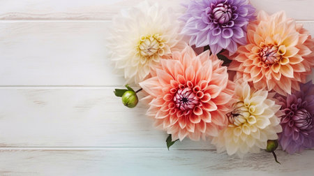 Colorful dahlia flowers on white wooden background. Top view.の素材