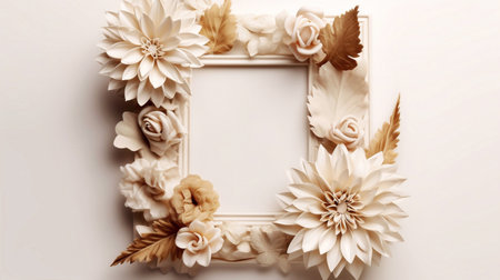 Beautiful frame made of paper flowers on white background, top viewの素材