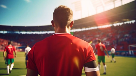 football player wearing red jersey standing on green grass stadiumの素材