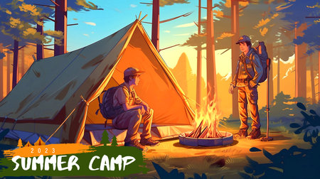 Summer Camp Poster Design with Tent and Bonfireの素材