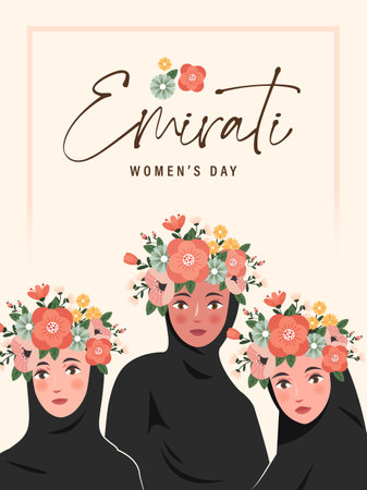 Emirates Women's Day Design with Female with Hijab Vector Illustration. Emirati Womens Day Template Suitable for Poster Banner Flyer Background. UAE Women's Day August.のイラスト素材