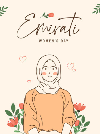 Emirates Women's Day Design with Female with Hijab Vector Illustration. Emirati Womens Day Template Suitable for Poster Banner Flyer Background. UAE Women's Day August.のイラスト素材