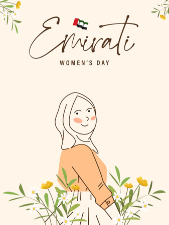 Emirates Women's Day Design with Female with Hijab Vector Illustration. Emirati Womens Day Template Suitable for Poster Banner Flyer Background. UAE Women's Day August.のイラスト素材