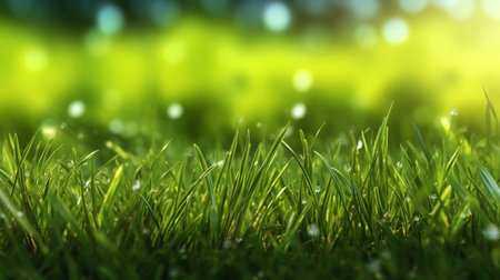 Fresh green grass with dew drops close-up. Nature backgroundの素材