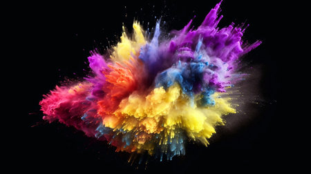 Explosion of colored powder on black background. 3d rendering, 3d illustration.の素材