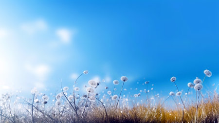 Fantasy meadow with fluffy dandelions on blue sky backgroundの素材