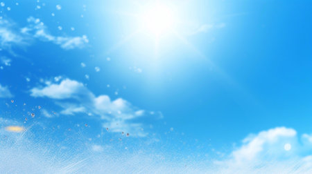 Blue sky background with white clouds and sun. 3d rendering.の素材