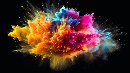 Explosion of colored powder isolated on black background. 3d renderingの素材