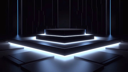 3d rendering of abstract background with neon lights and podium for product displayの素材