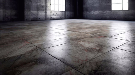 Empty grungy room with window and floor tiles.の素材