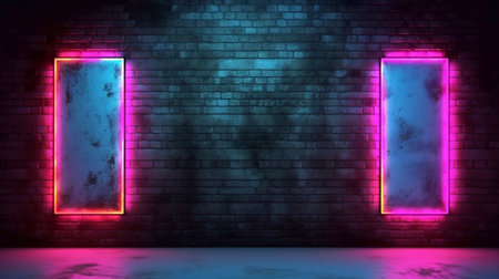 Neon glowing frames on brick wall background. 3D Renderingの素材