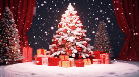 Christmas tree with gift boxes on snow background. Christmas and New Year concept.の素材