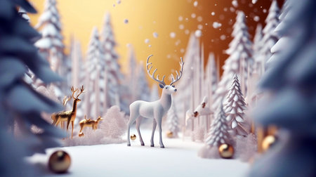 Christmas scene with reindeer in winter forest. 3D renderingの素材
