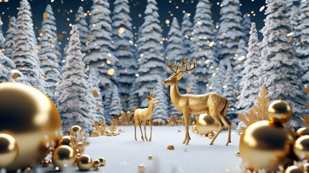 3d render of golden christmas background with deer and snowflakesの素材