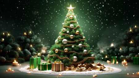 3D rendering of Christmas tree with gift boxes and lights on backgroundの素材