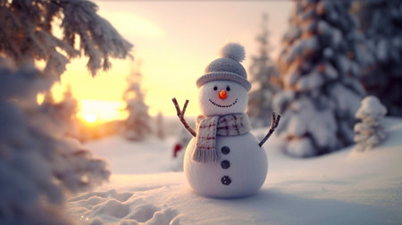 Snowman in winter forest at sunset. Christmas and New Year backgroundの素材