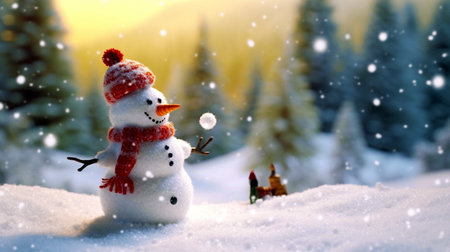 Snowman and winter landscape. Christmas and New Year background. Copy space.の素材
