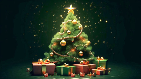 Christmas tree with gift boxes on dark background. 3D illustration.の素材
