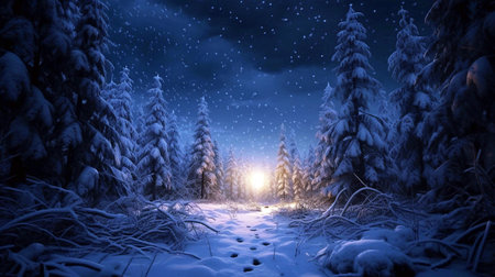 Fantasy winter landscape with snow covered trees and road. 3d renderingの素材
