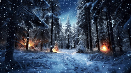 Fantasy winter forest with a glowing bonfire. 3d renderingの素材