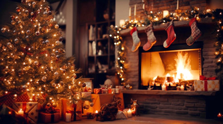 Christmas tree with presents and fireplace at home. Christmas and New Year concept.の素材
