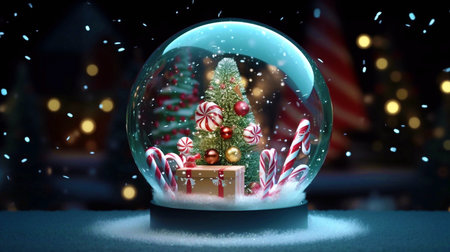 Snow globe with christmas tree and gift box 3D rendering imageの素材