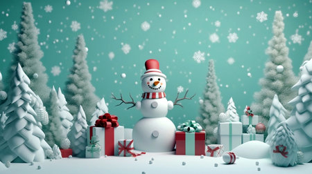 3d rendering of a snowman with christmas presents in the backgroundの素材