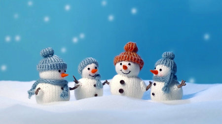Snowman family in knitted hats and scarves on blue backgroundの素材