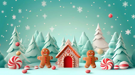 Christmas and New Year background with gingerbread house, candy canes, fir trees and snowflakesの素材