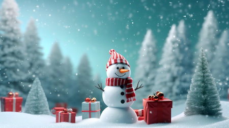 Snowman with red gift boxes in the forest. 3d illustration.の素材