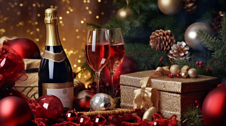 Christmas still life with champagne, gifts and christmas tree on wooden backgroundの素材