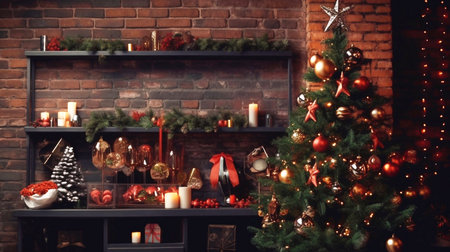 Christmas living room with fireplace and christmas tree on brick wall backgroundの素材
