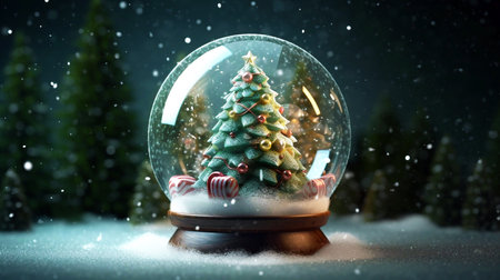 Snow globe with christmas tree inside. 3D rendering.の素材
