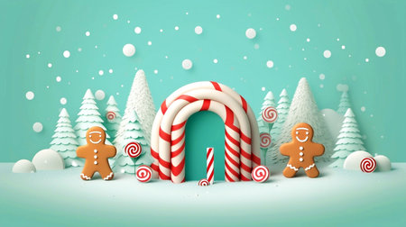 Christmas background with candy canes and gingerbread man. 3D illustration.の素材