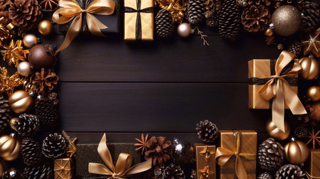 Christmas decoration on black wooden background. Top view with copy space.の素材