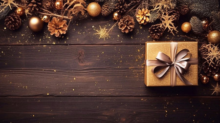 Christmas background. Gifts, pine cones and christmas decorations on wooden boardの素材