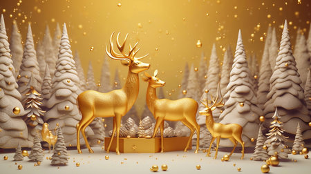 Christmas and New Year background with golden reindeer. 3d renderingの素材