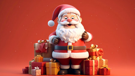 Santa Claus with gift box in front of christmas tree. 3d illustrationの素材